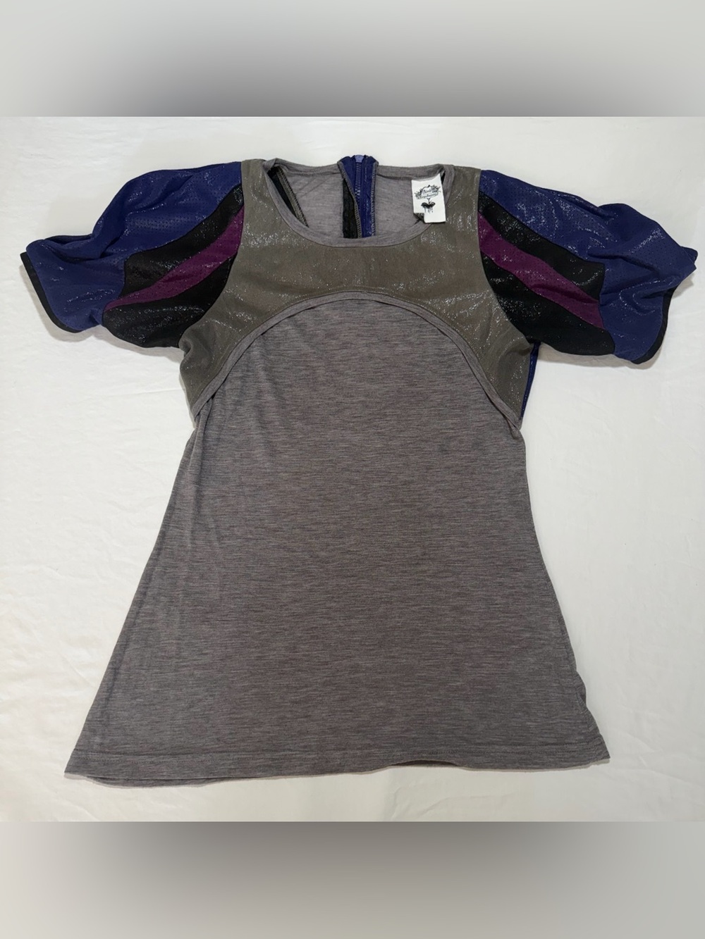 Women's Gray Short Sleeve Tee with Purple & Blue Accent Sleeves